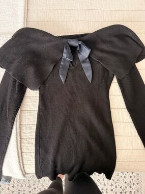 White House Black Market Black Off-Shoulder Ribbed Sweater with Satin Bow
